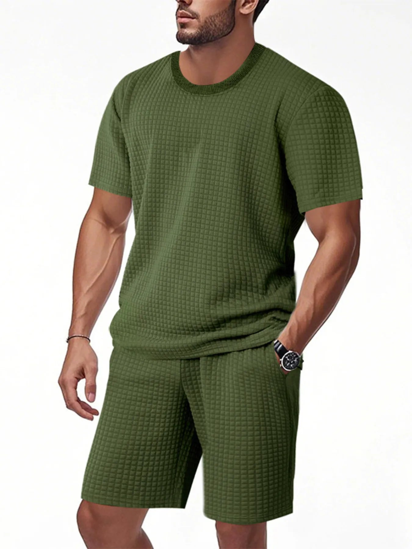 Trendsi DapperMate men's casual short sleeve polo and shorts set, featuring a comfortable, stylish design in neutral colors.