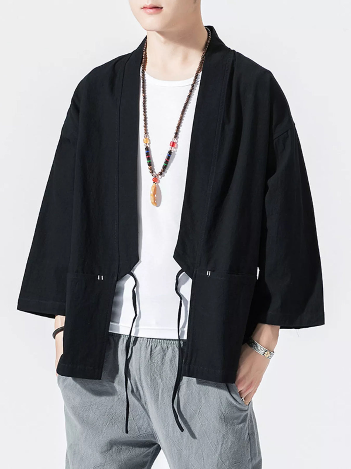 Nobilityze men's full-size tie-front 3/4 sleeve cardigan by Trendsi, featuring a soft knit fabric and stylish design.
