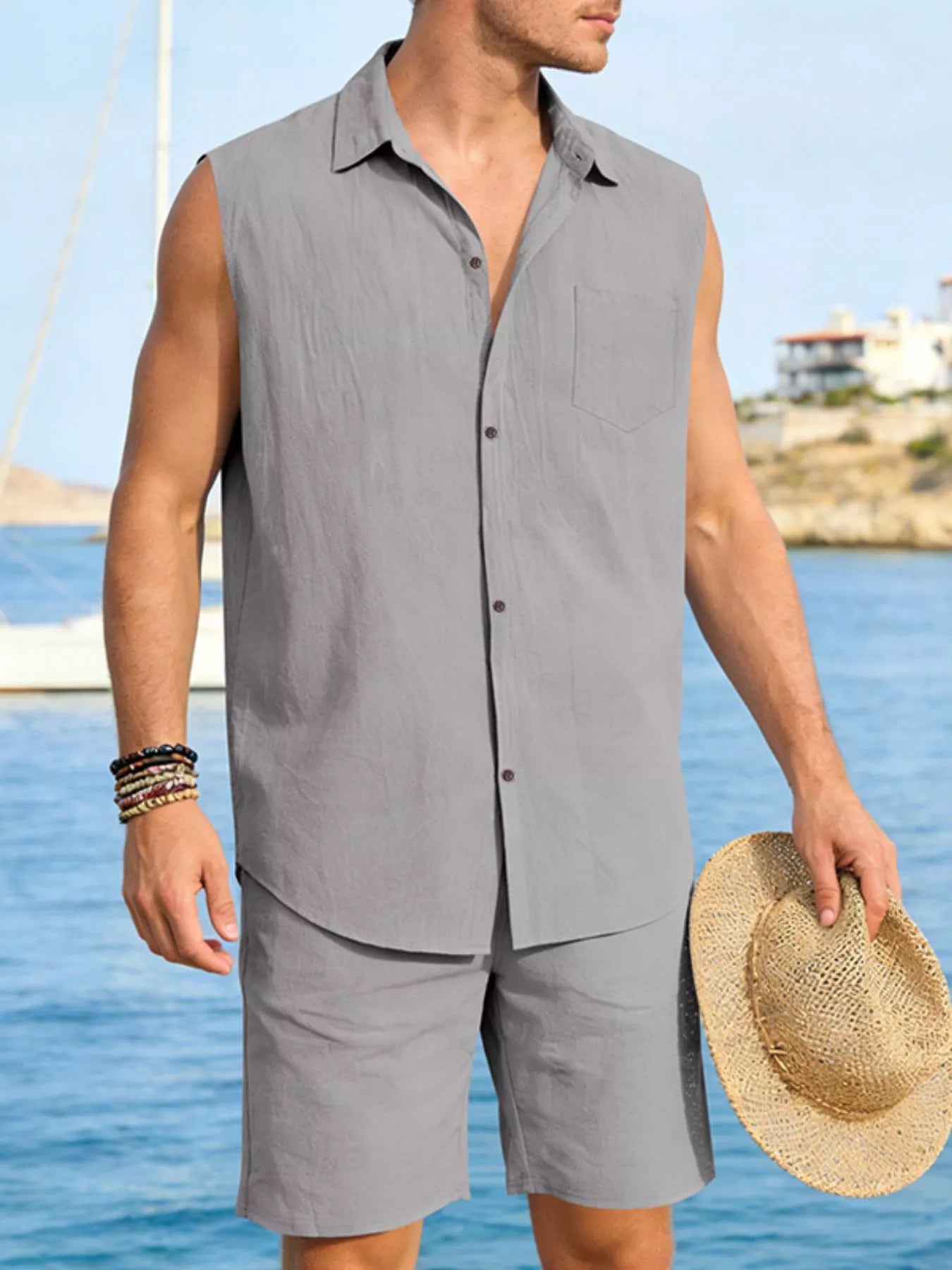 RIGOR men's casual short sleeve polo and matching shorts set by Trendsi, featuring a comfortable, stylish summer outfit.