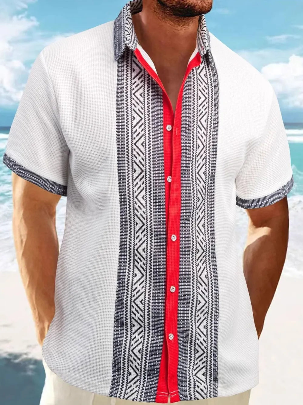 Men's contrast button-down short sleeve shirt by Trendsi, featuring a full-size design and stylish color contrast details.