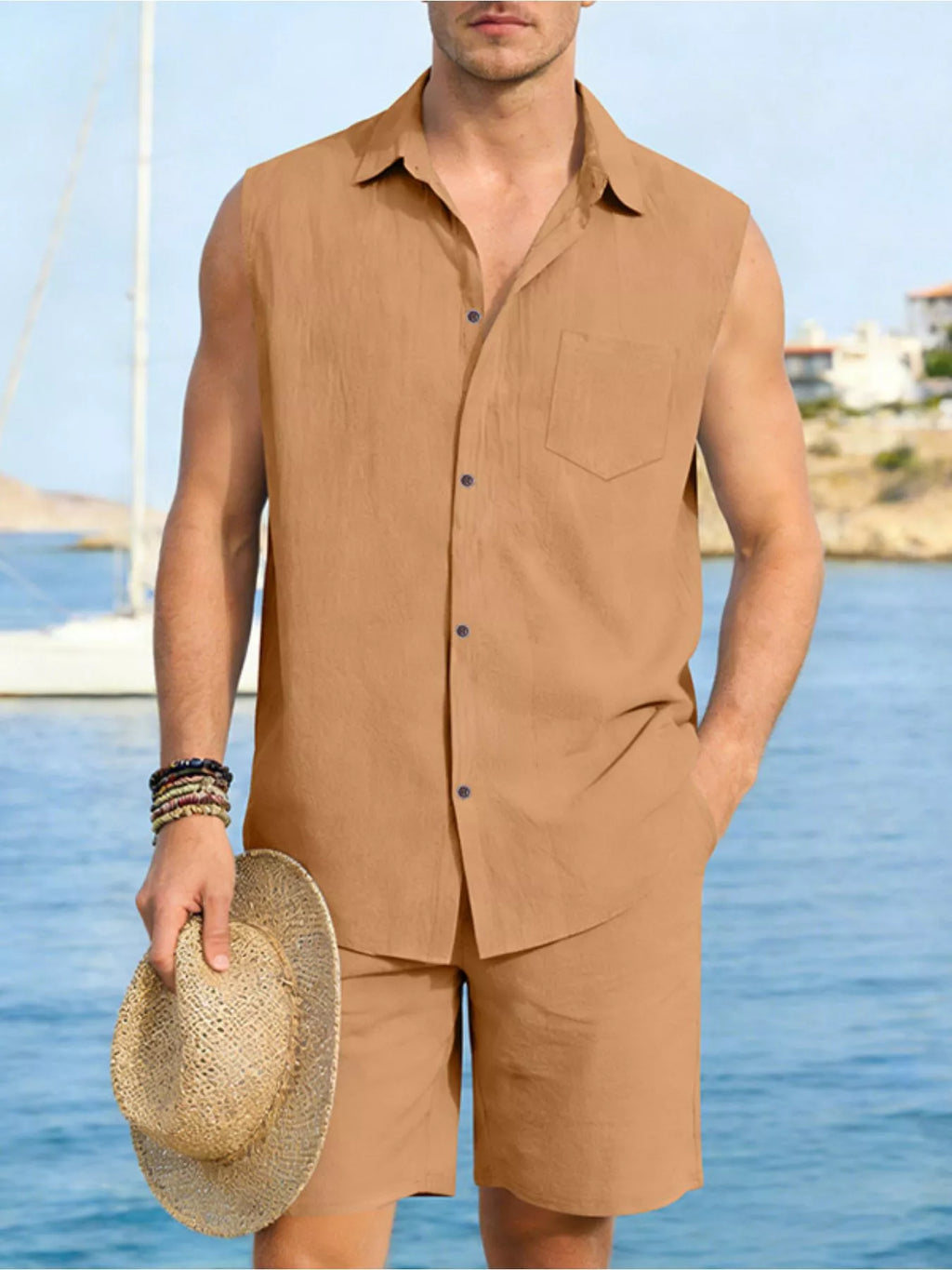 RIGOR men's casual short sleeve polo and matching shorts set by Trendsi, featuring a comfortable and stylish summer outfit.