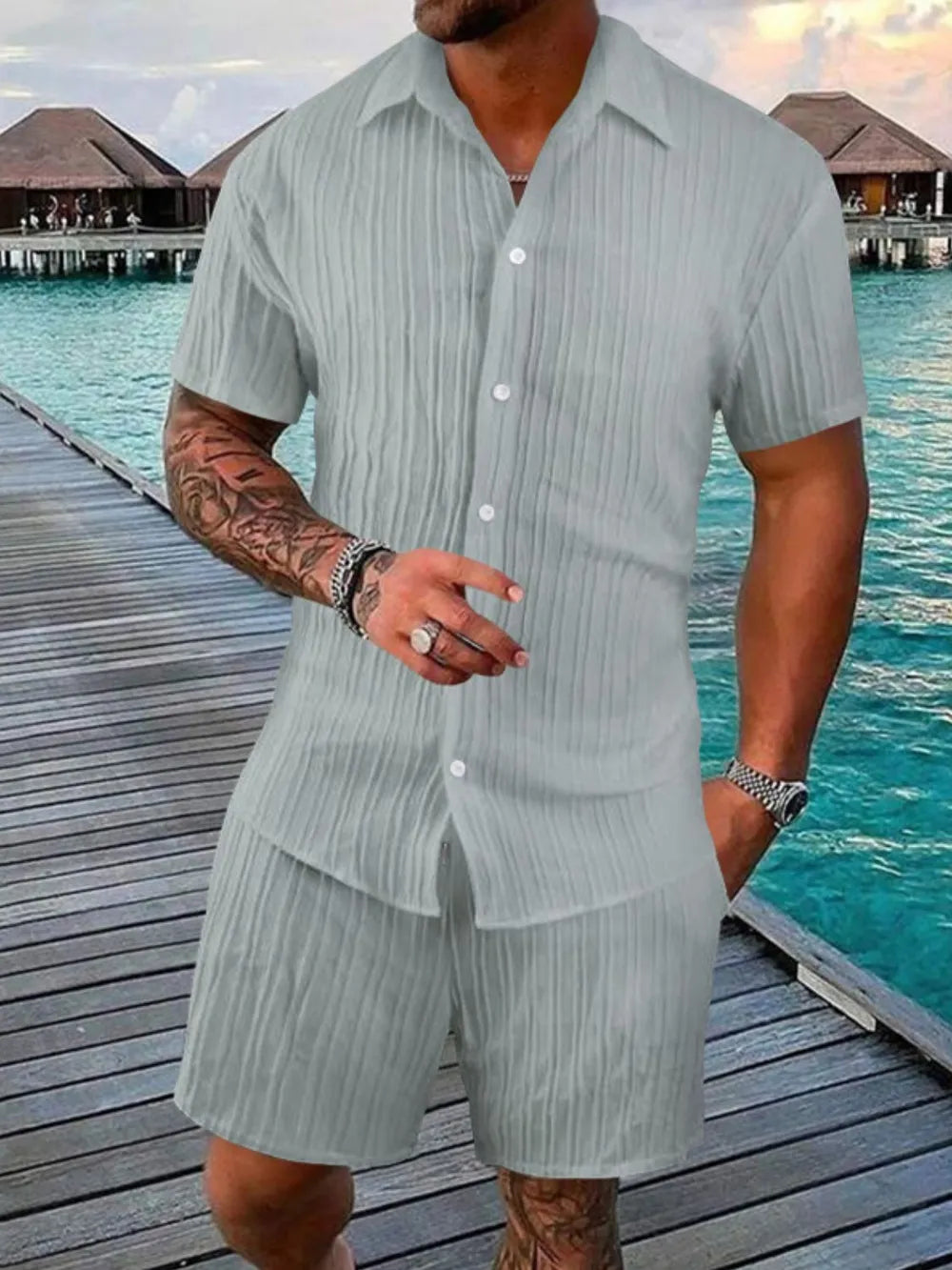 Trendsi AriaStyle men's full size button-down short sleeve shirt and matching shorts set, casual summer wear, front view.