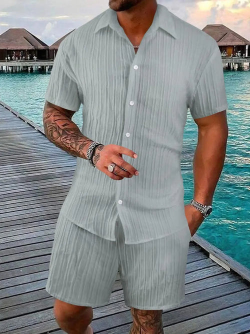 Men's full size button-down short sleeve shirt and matching shorts set by Trendsi, casual summer outfit in a light fabric.