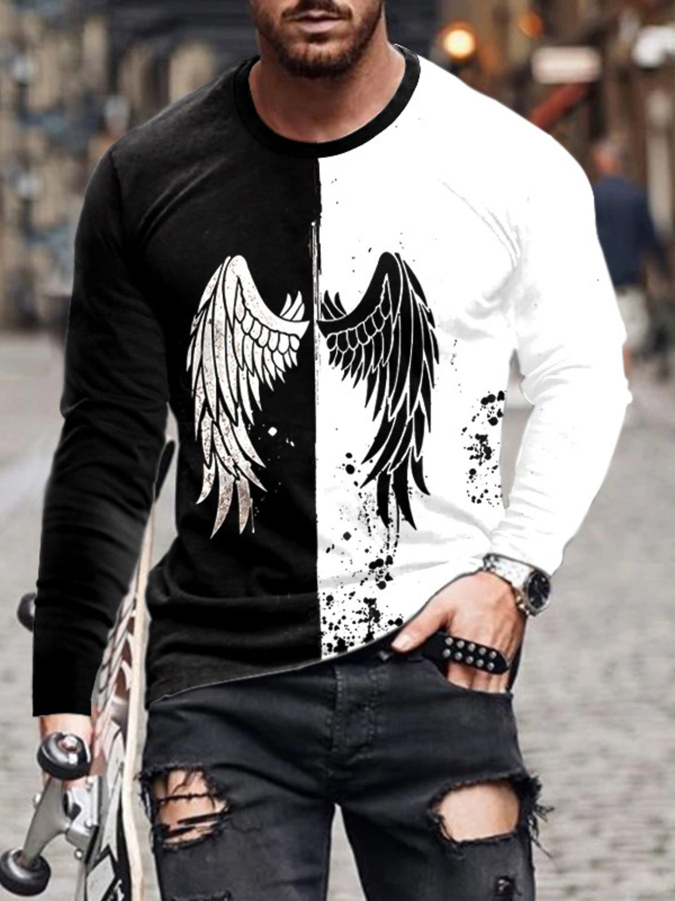 Men's long-sleeve graphic T-shirt featuring a split-color wing design, from Trendsi's LusterMan collection.