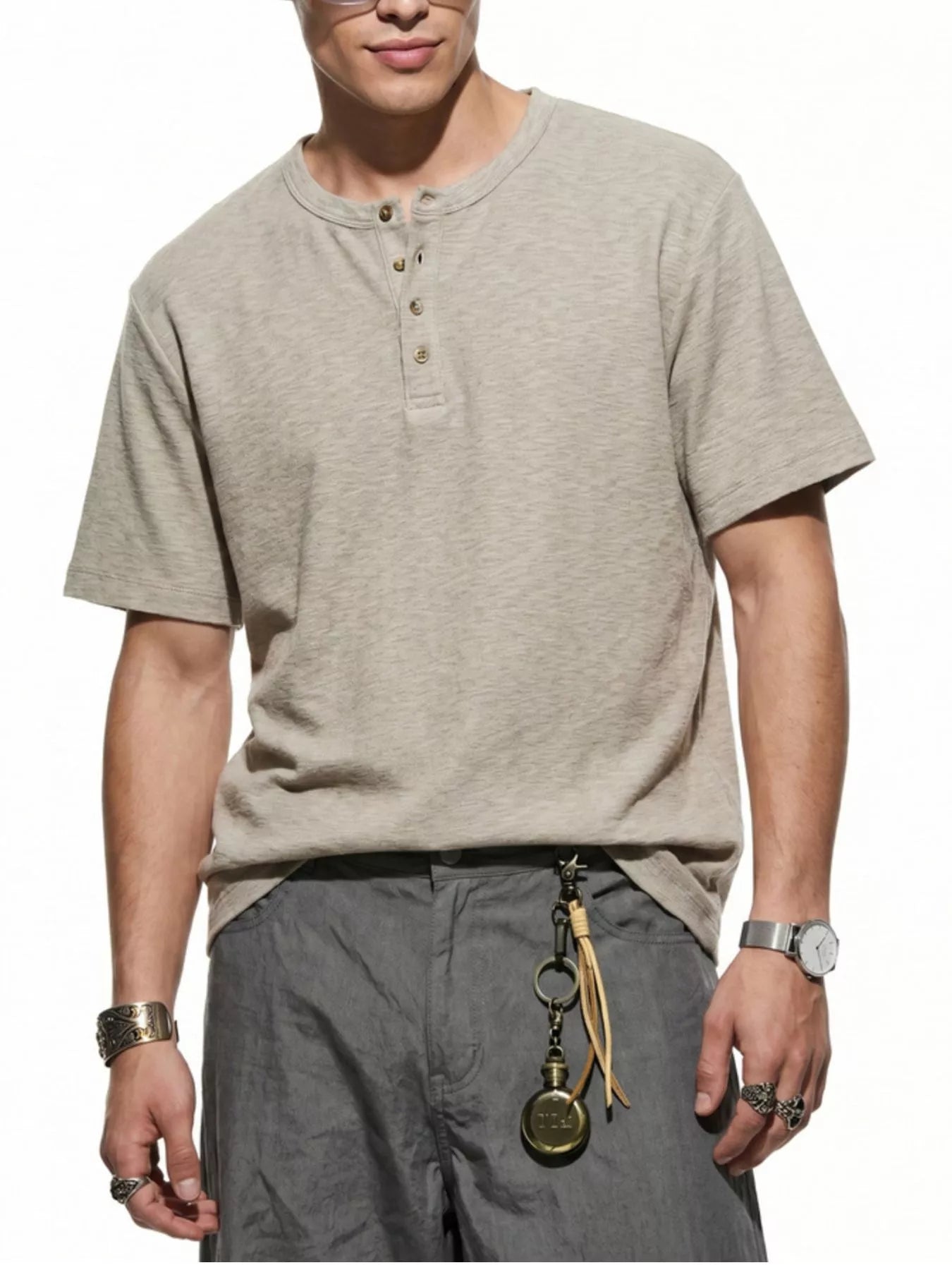 LusterMan men's short sleeve Henley T-shirt in a casual fit, featuring a buttoned neckline and soft fabric, from Trendsi.