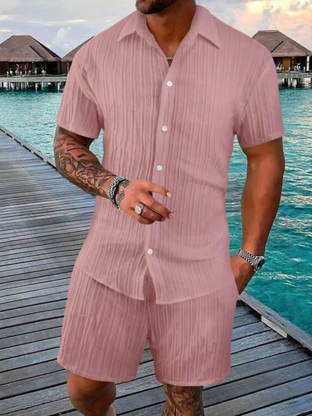 Trendsi AriaStyle men's full size short sleeve button-down shirt and matching shorts set displayed in a flat-lay image.
