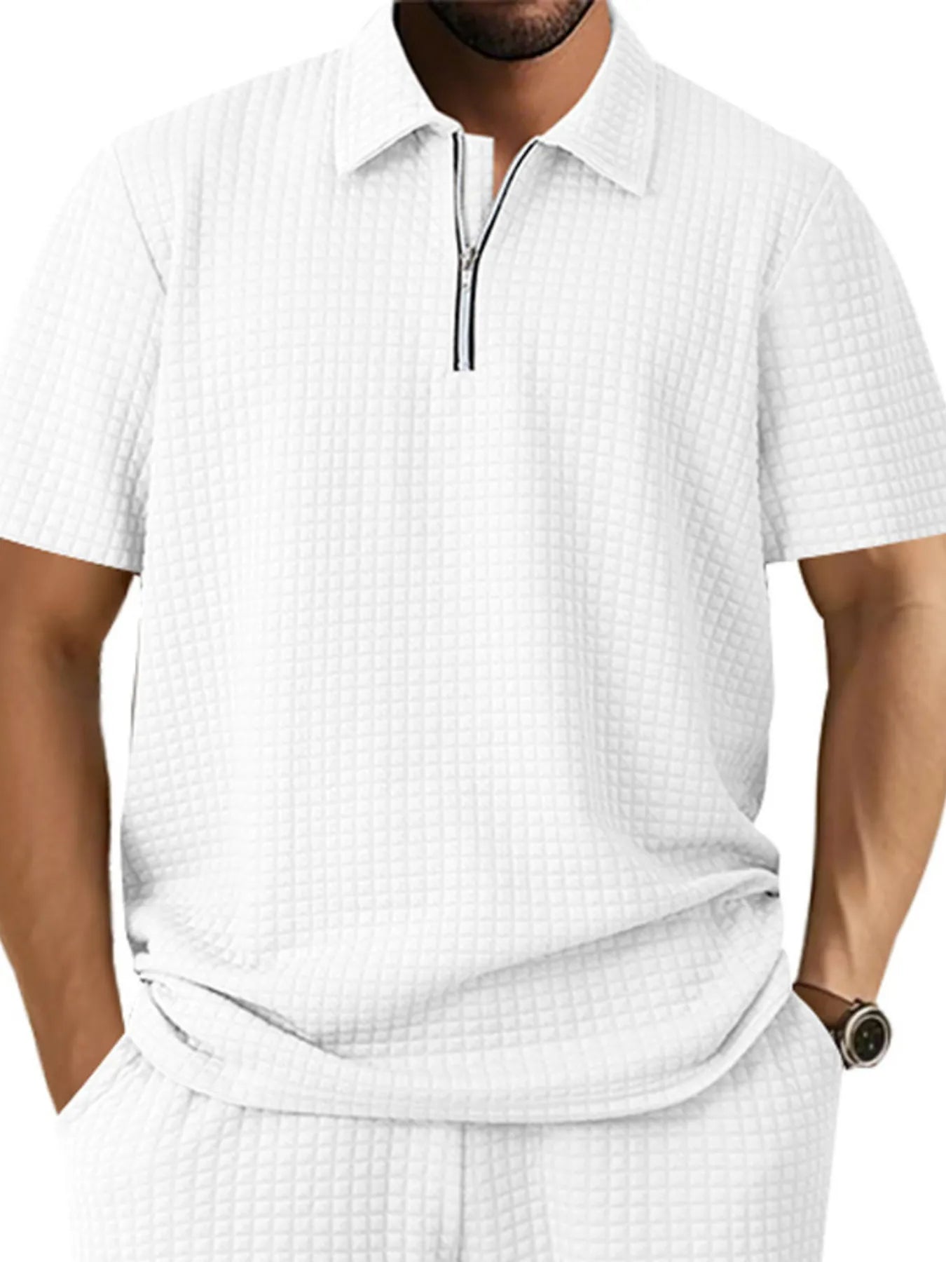 Men's waffle short sleeve polo shirt with zipper detail by Trendsi, featuring a classic fit and textured fabric in the image.