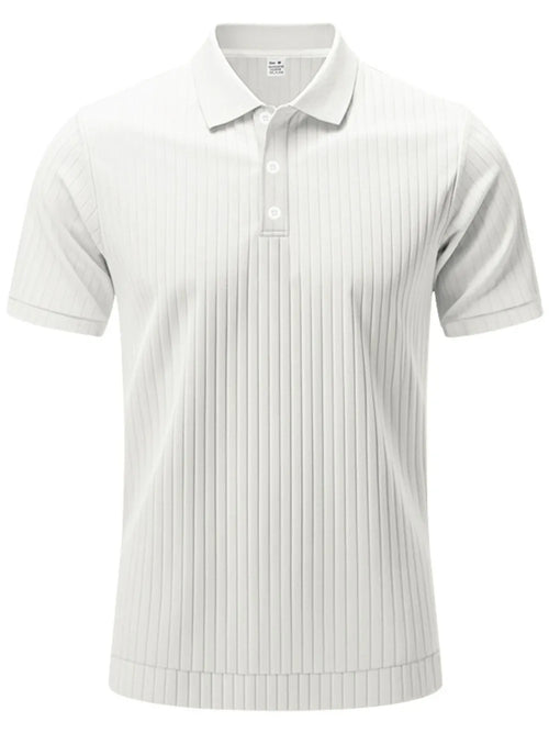 Men's full-size ribbed short sleeve polo shirt by Trendsi, featuring a classic fit and textured fabric in a stylish design.