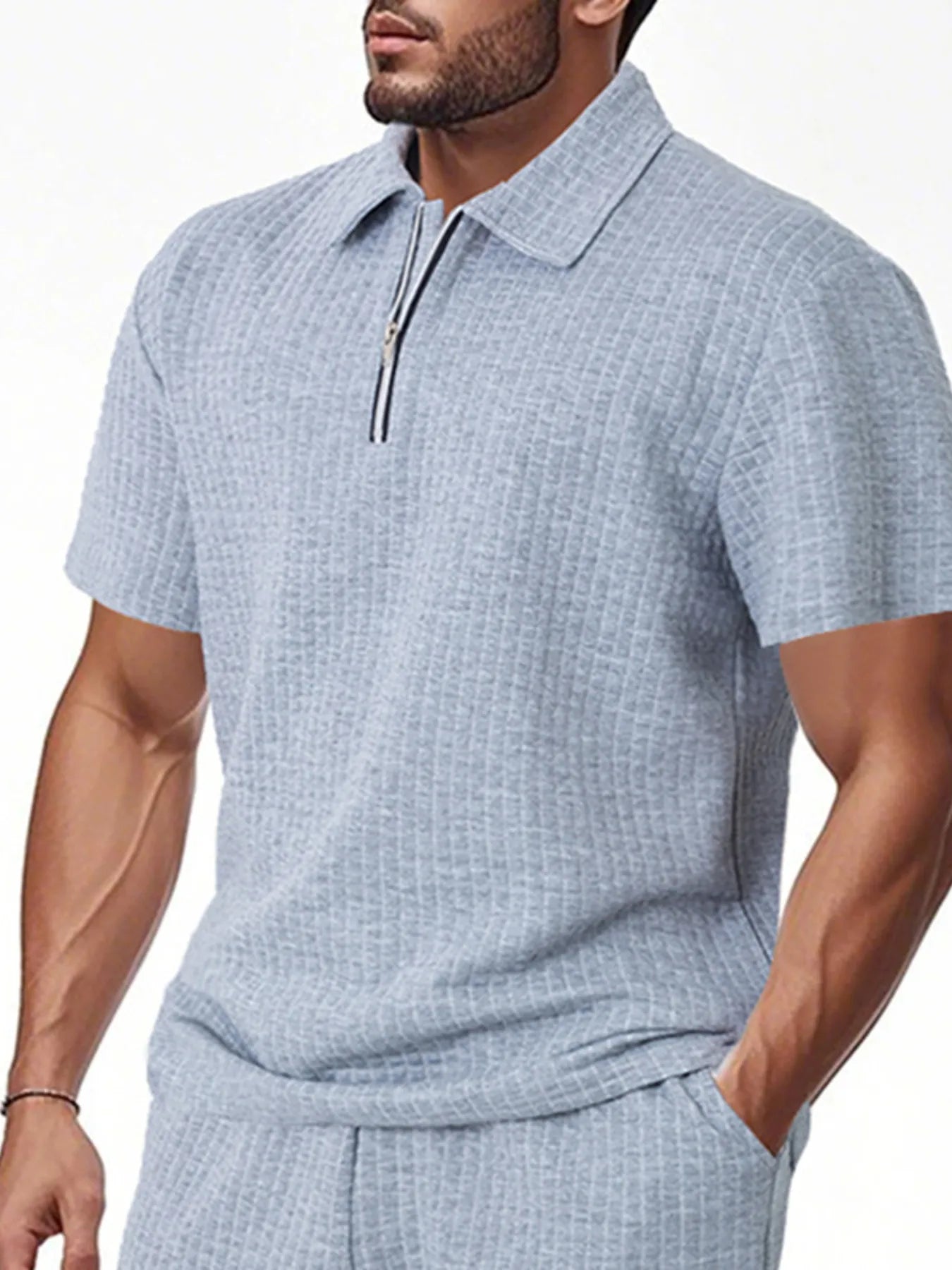 Men's waffle short sleeve polo shirt with zipper detail by Trendsi, featuring a stylish casual design and comfortable fit.