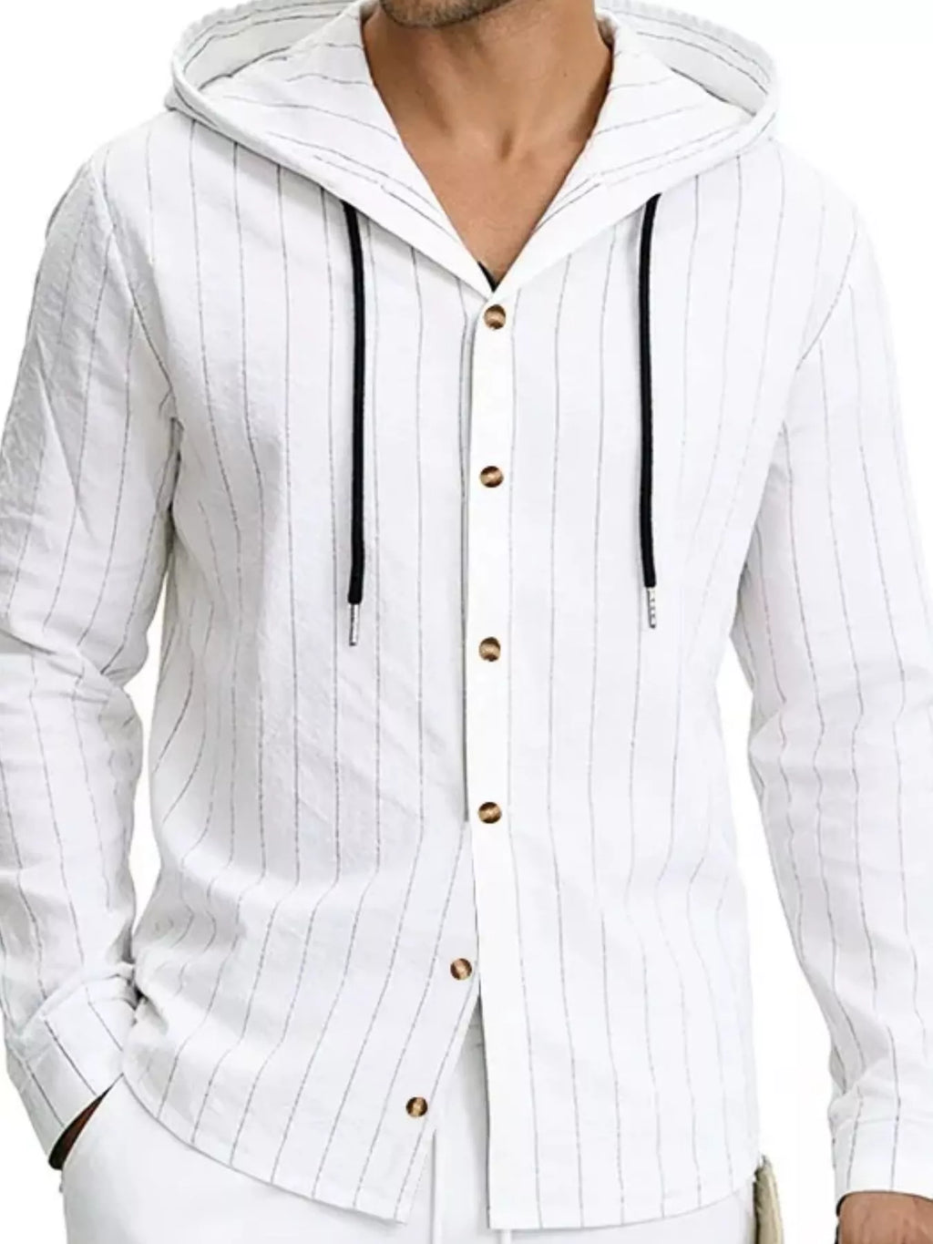 Plus size men's hooded button-up shirt by Trendsi with drawstring hood and long sleeves, shown in a casual style.