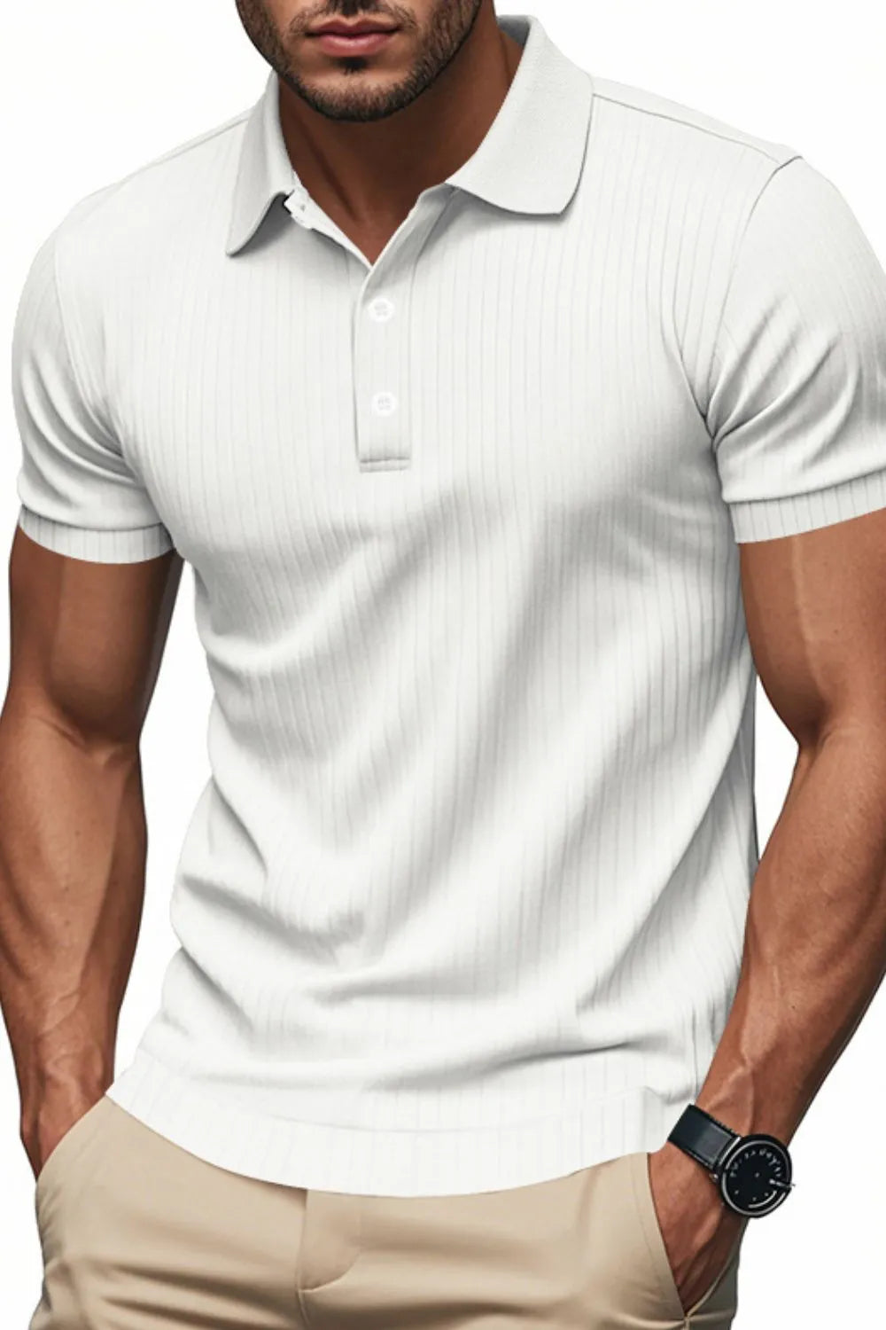 Full view of AriaStyle men's ribbed short sleeve polo shirt in plus size, featuring a classic collar and textured fabric.