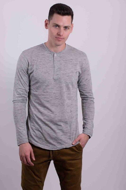 Generation XYZ long sleeves Henley T-shirt with button placket and ribbed cuffs, displayed on a hanger.