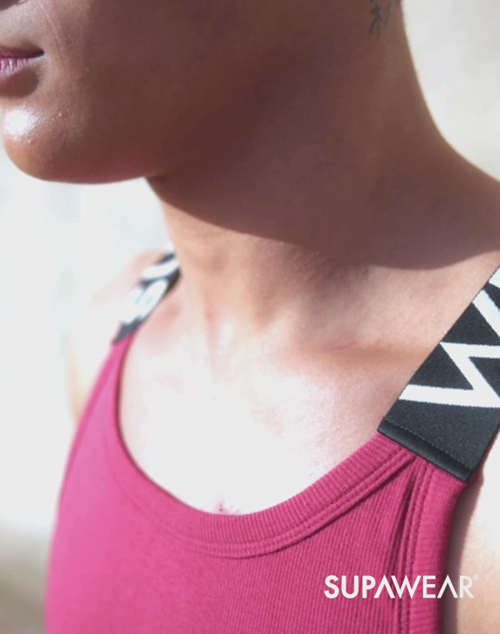 CITYBOYZ★USA Supawear SPR Max Tank Top, close-up of black sleeveless men's tank top with logo detail on the chest.