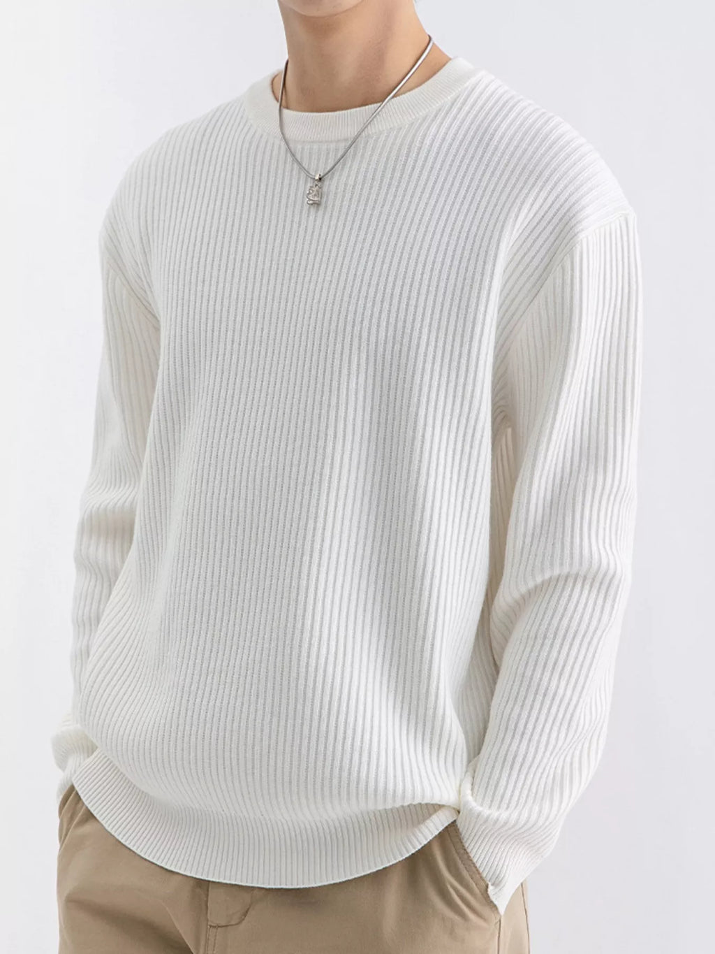 Plus size men's ribbed knit crew neck sweater by Trendsi, featuring a cozy, textured fabric and classic fit in a versatile style.