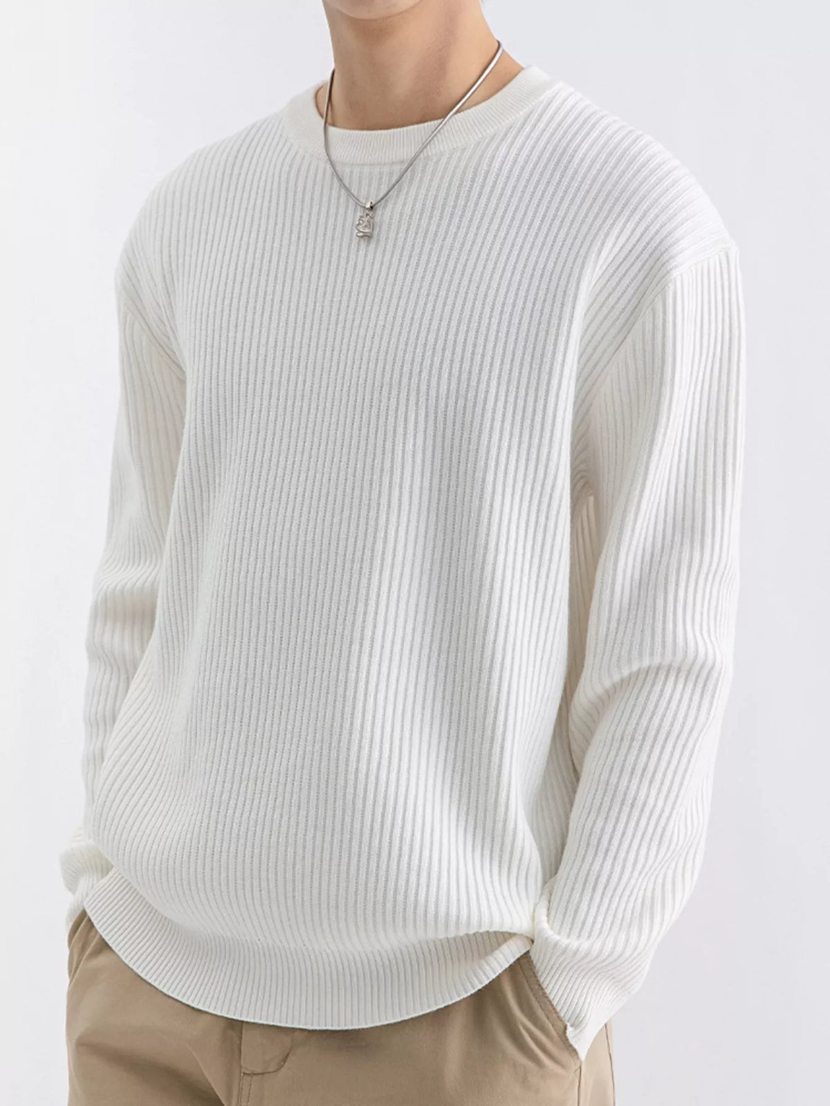 Plus size men's ribbed knit crew neck sweater by Trendsi, featuring a cozy, textured fabric and classic fit in a versatile style.