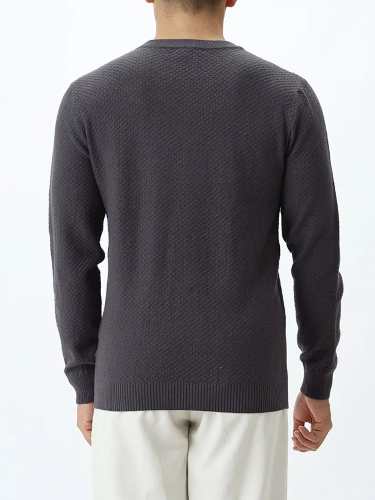 Plus size ValiantMan men's textured crew neck sweater in navy, showing the knit fabric and fit on a model.