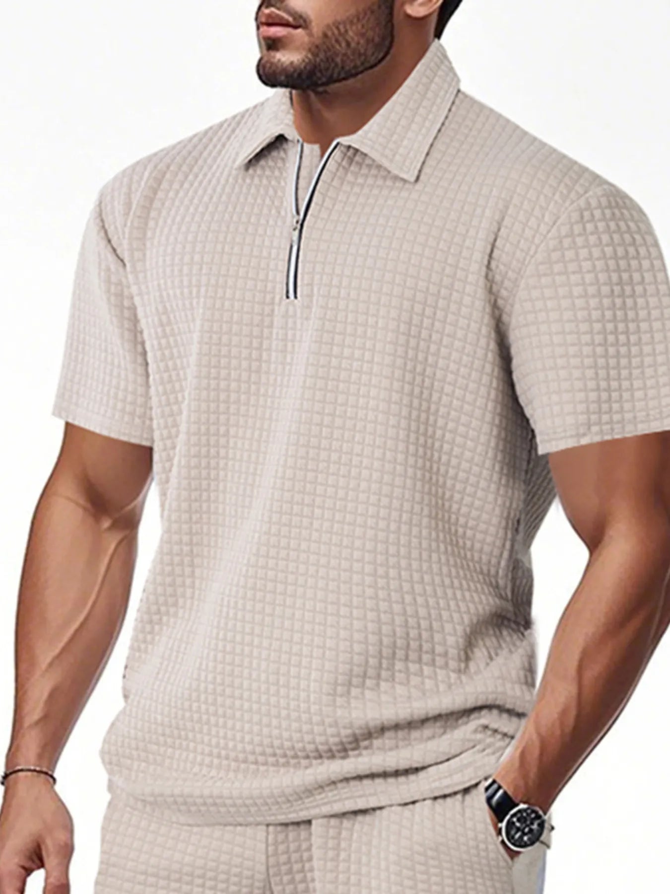 Men's waffle short sleeve polo shirt with zipper detail from Trendsi, featuring a stylish casual design and comfortable fit.