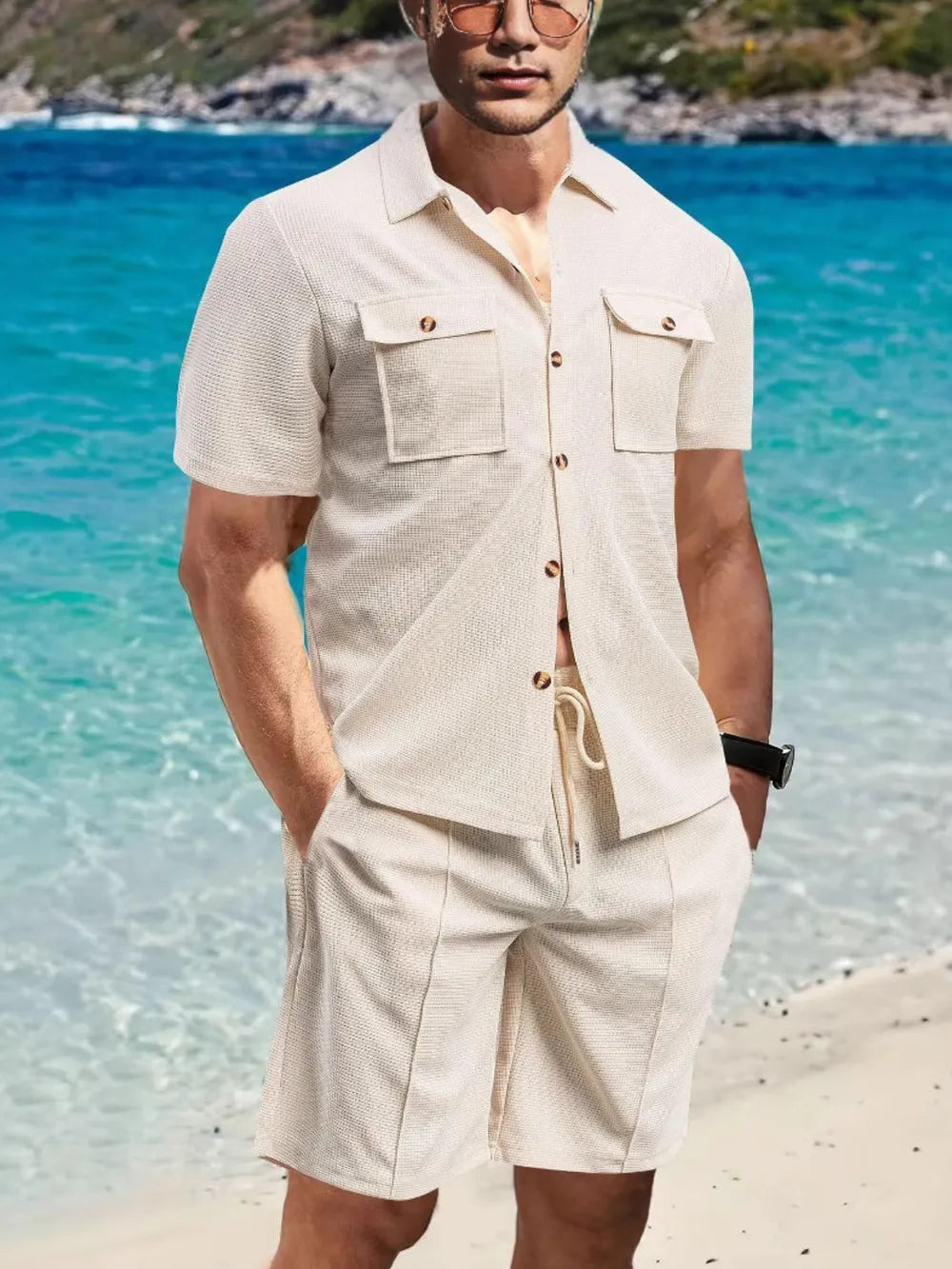 Trendsi AriaStyle men's full size button-down short sleeve top and matching shorts set, casual summer outfit, black fabric.