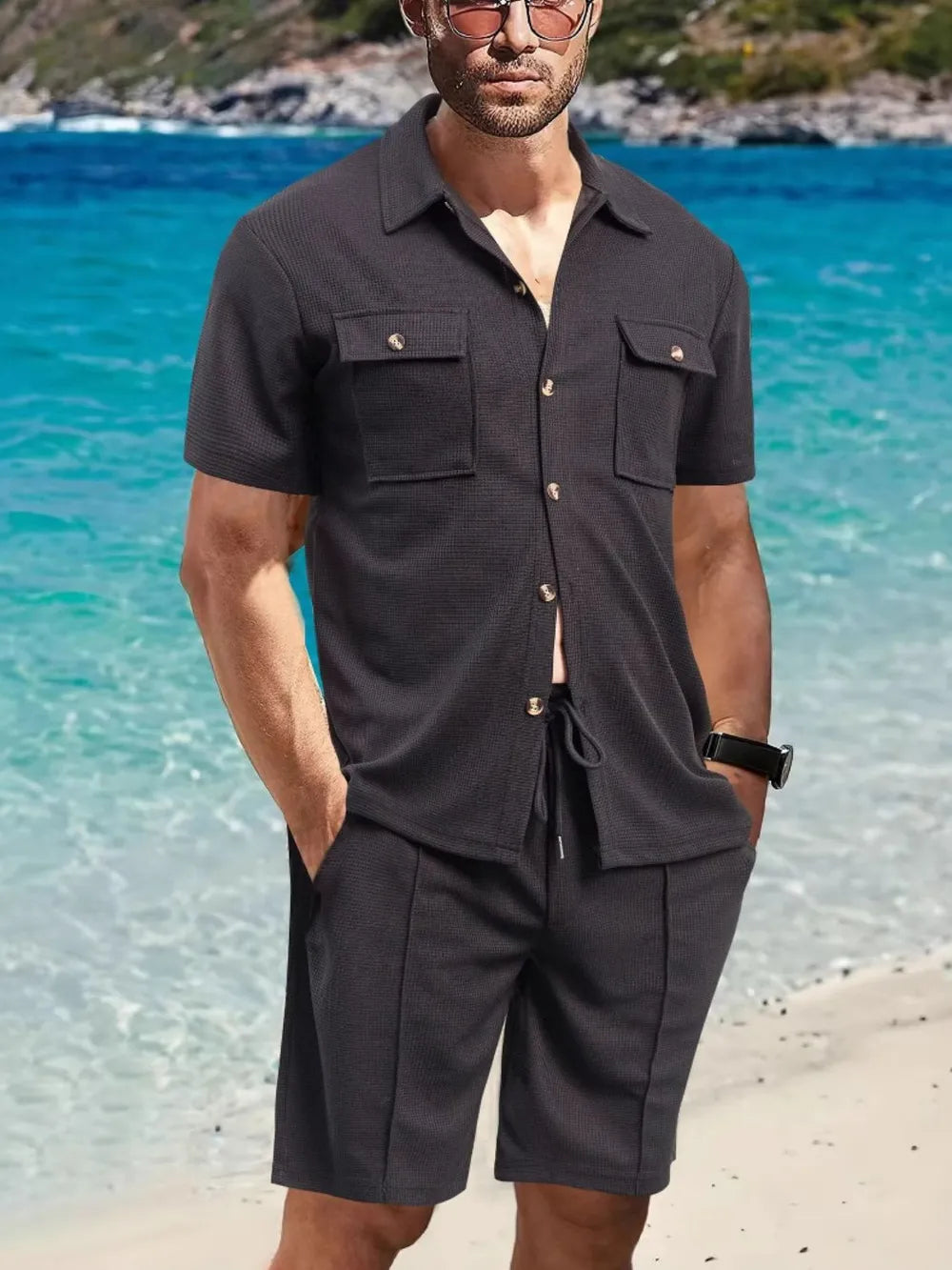 Trendsi AriaStyle men's full size short sleeve button-down top and matching shorts set, casual summer outfit, lightweight fabric.