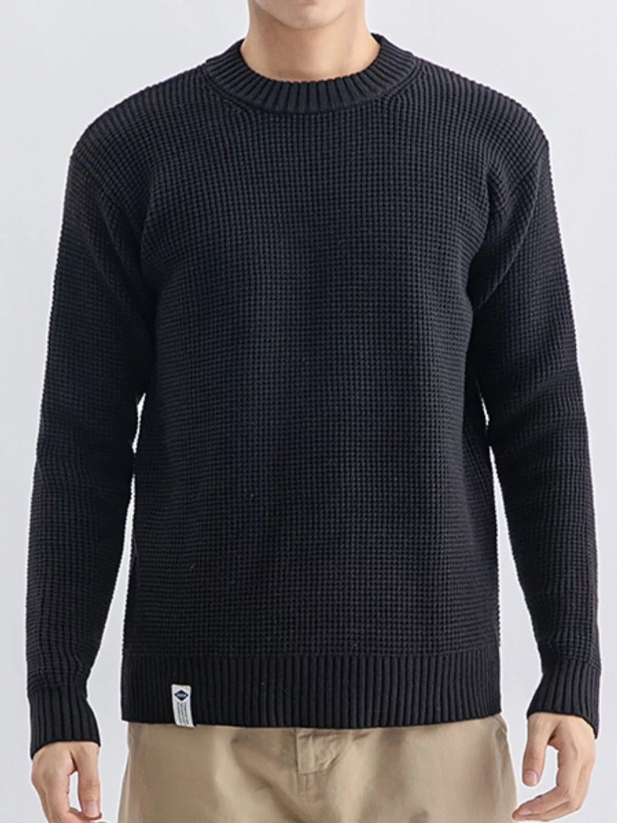 Plus size men's waffle knit crew neck sweater by Trendsi, featuring a textured fabric and classic fit in navy blue.