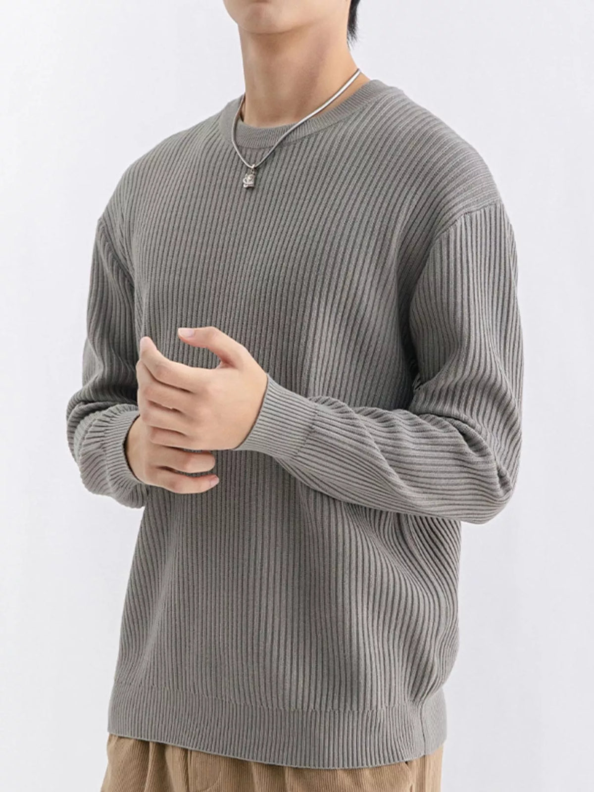 Plus size men's ValiantMan ribbed knit crew neck sweater, showcasing the textured fabric and classic fit in navy blue.
