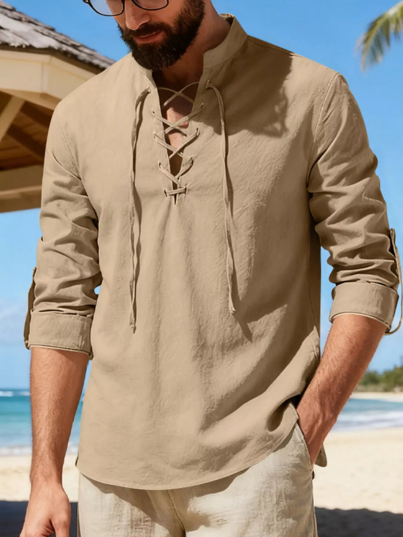 Full view of RIGOR men's casual linen shirt with lace-up front, in a full size, featuring a relaxed fit and breathable fabric.