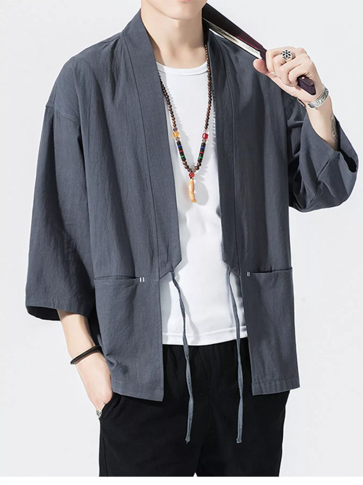 Nobilityze men's full-size tie-front 3/4 sleeve cardigan in soft knit fabric, stylish and comfortable for casual wear.