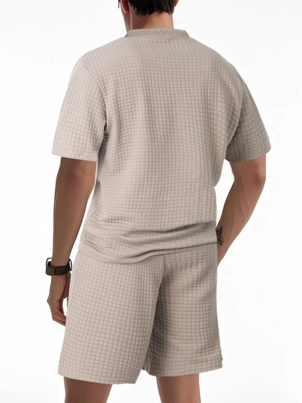 Trendsi DapperMate men's casual short sleeve polo and matching shorts set, shown as a stylish summer outfit on a model.
