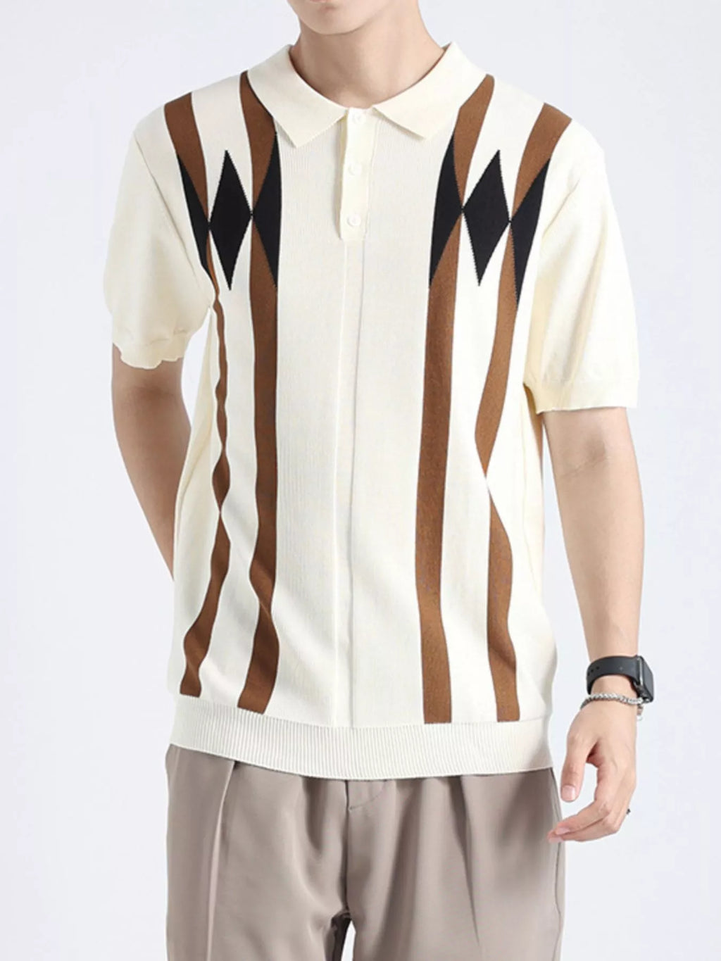 Men's plus size ValiantMan geometric pattern knitted polo shirt, stylish and comfortable men's shirt with a modern design.