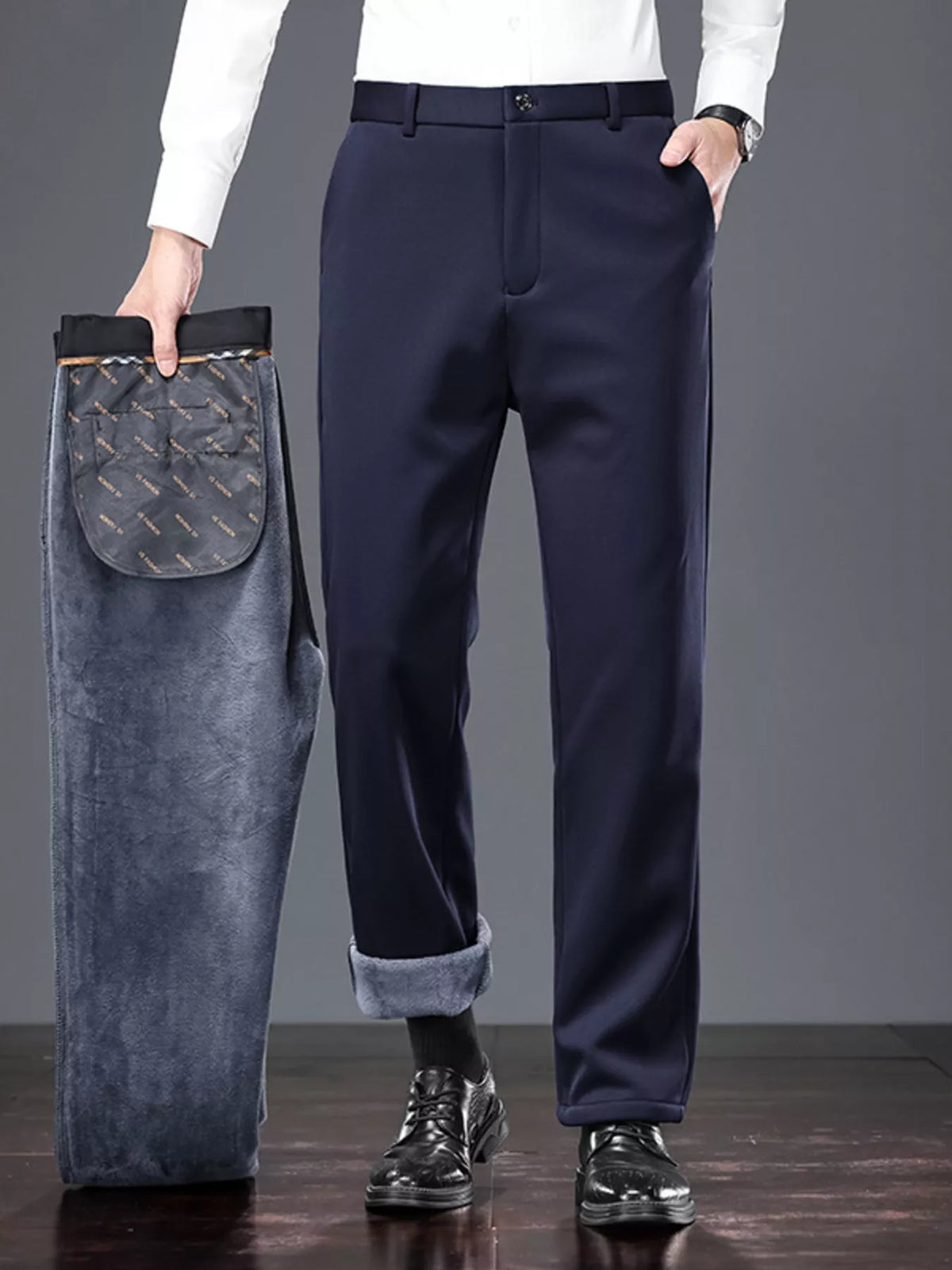 Nobilityze Men's thermal straight-leg pants with pockets, black color, made by Trendsi, shown with front and side view.
