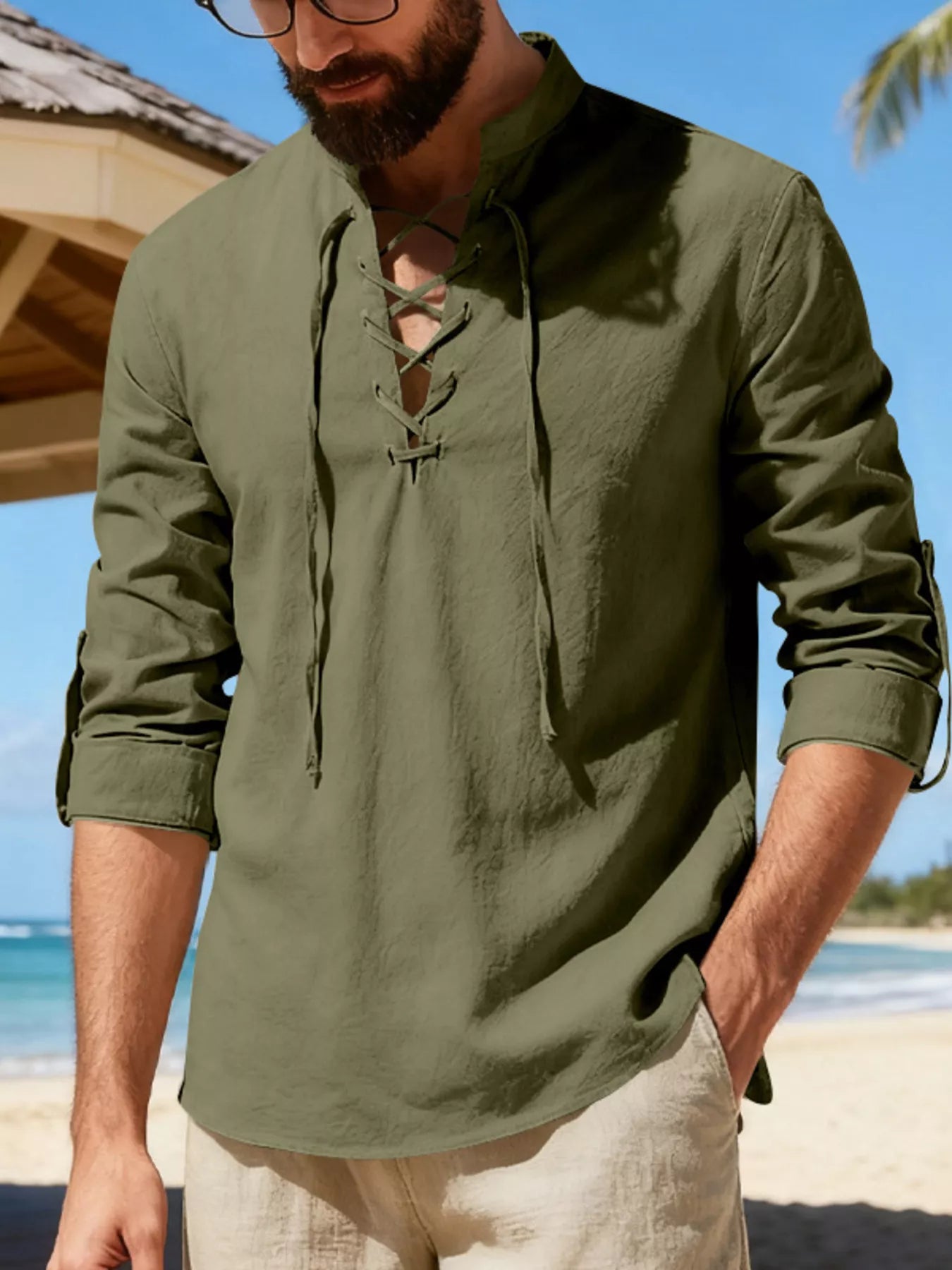 Men's casual linen shirt by Trendsi with full size fit, featuring a lace-up front and relaxed style.