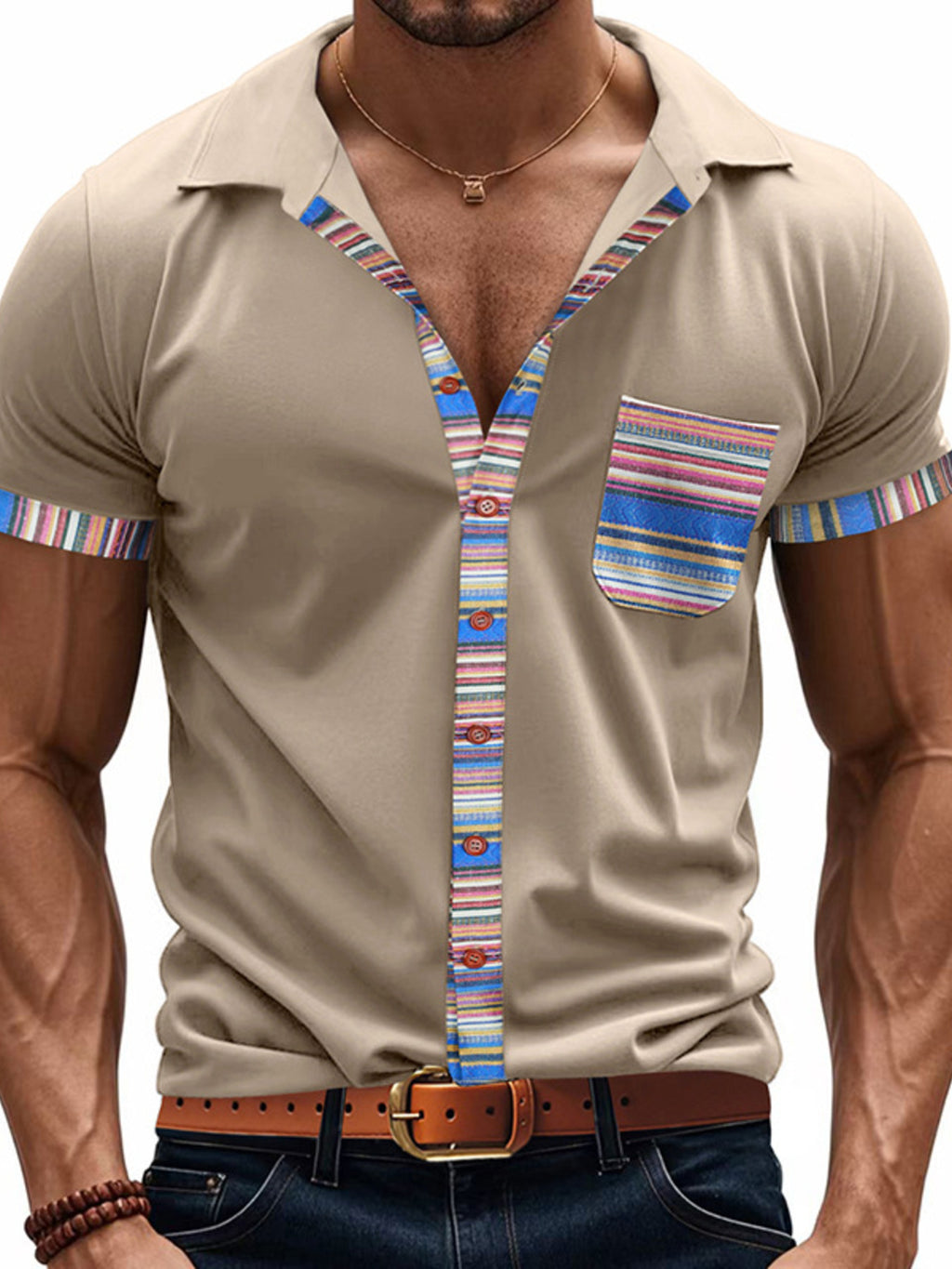 Men's full-size short sleeve shirt by Trendsi with colorful trim, featuring a casual fit and vibrant detailing on the collar and sleeves.