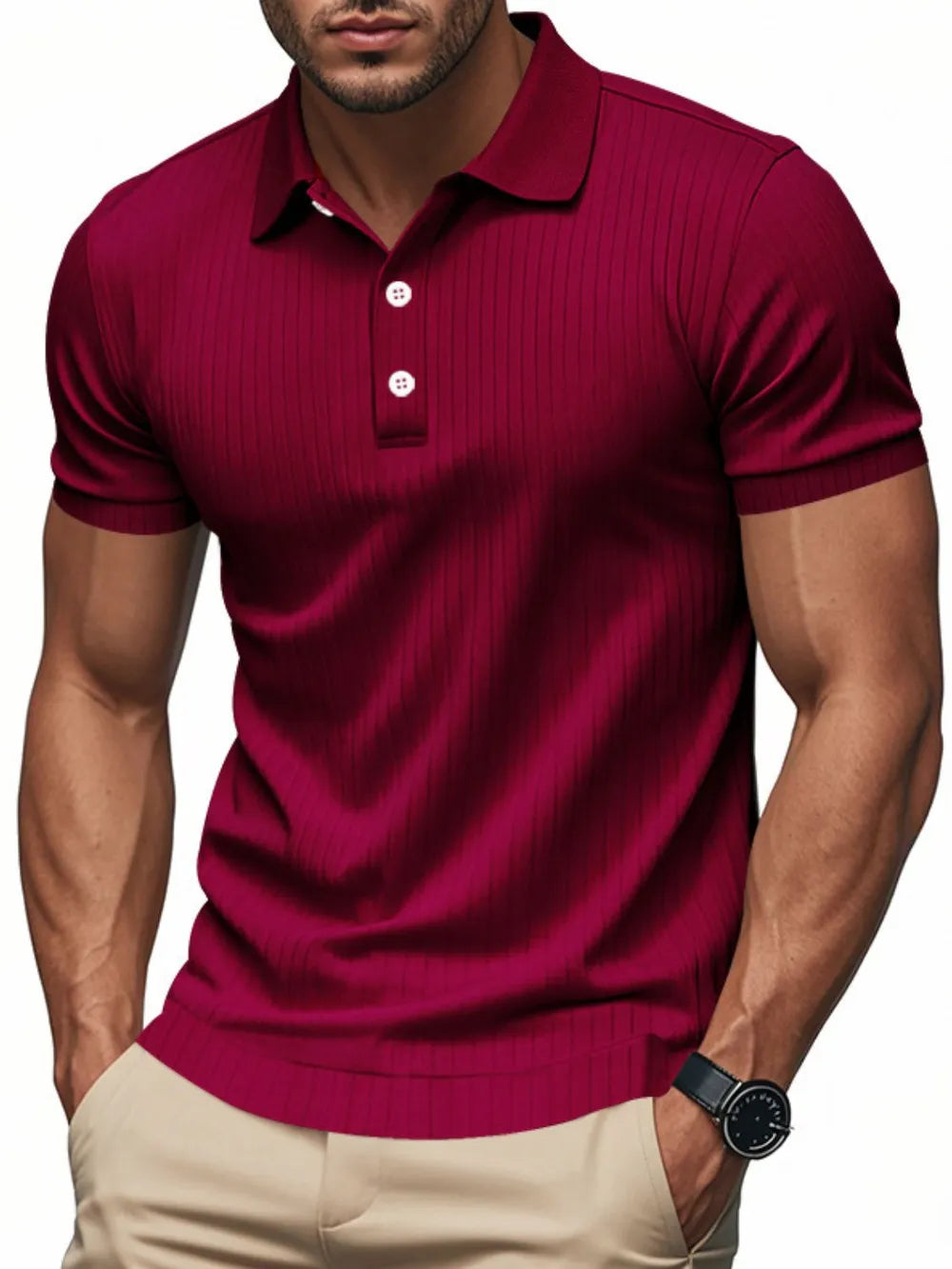Plus size men's ribbed short sleeve polo shirt by Trendsi, featuring a classic collar and fitted design in a full size.