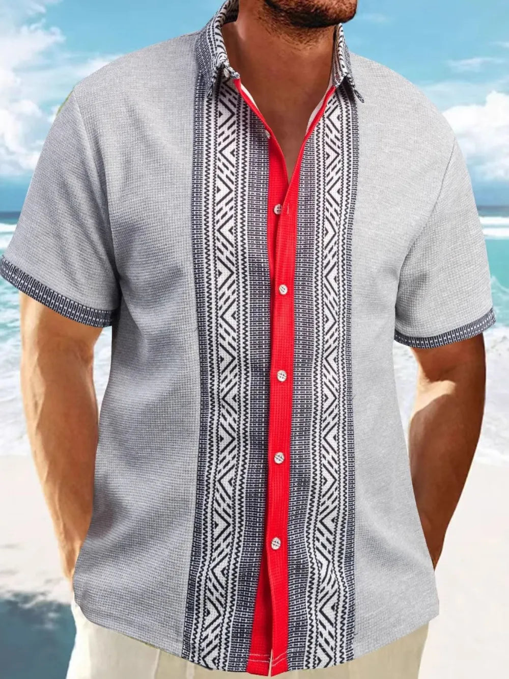 Men's full size contrast button-down short sleeve shirt by Trendsi, featuring a stylish design and comfortable fit.