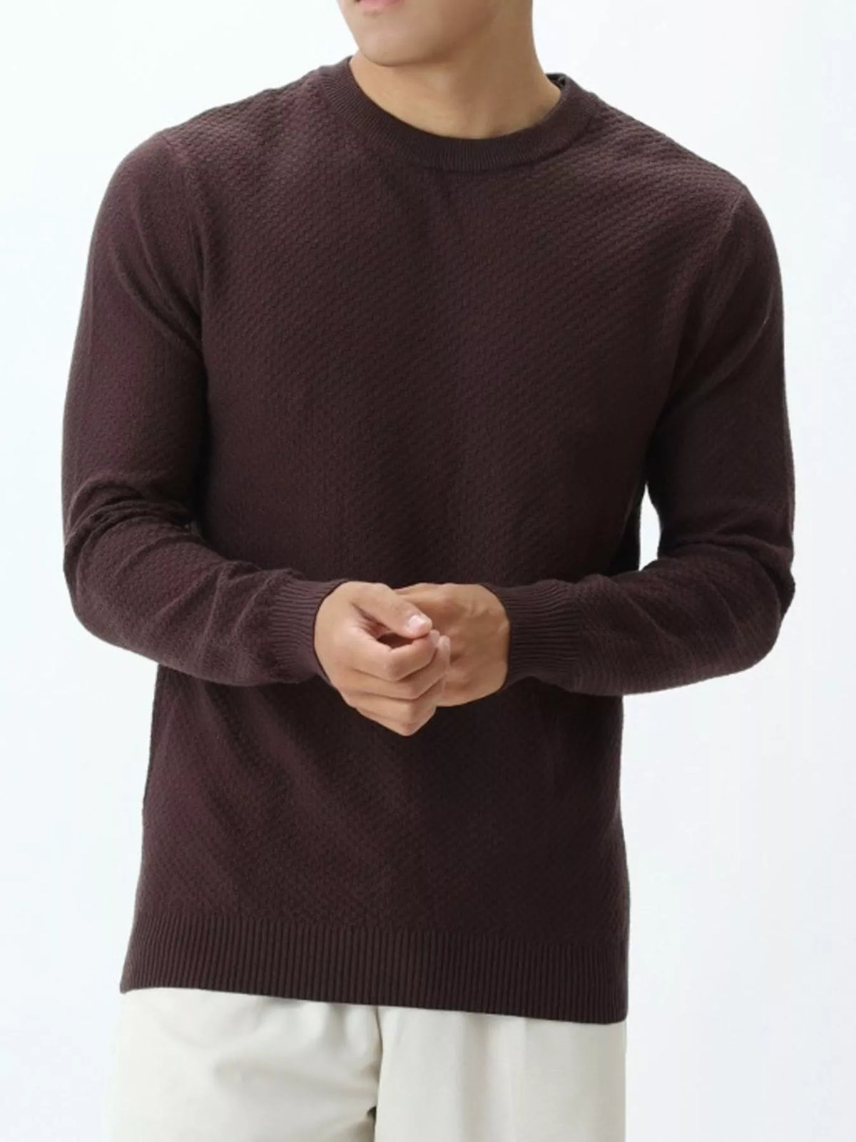 Plus size textured crew neck sweater for men by Trendsi, featuring a cozy knit design and comfortable fit.