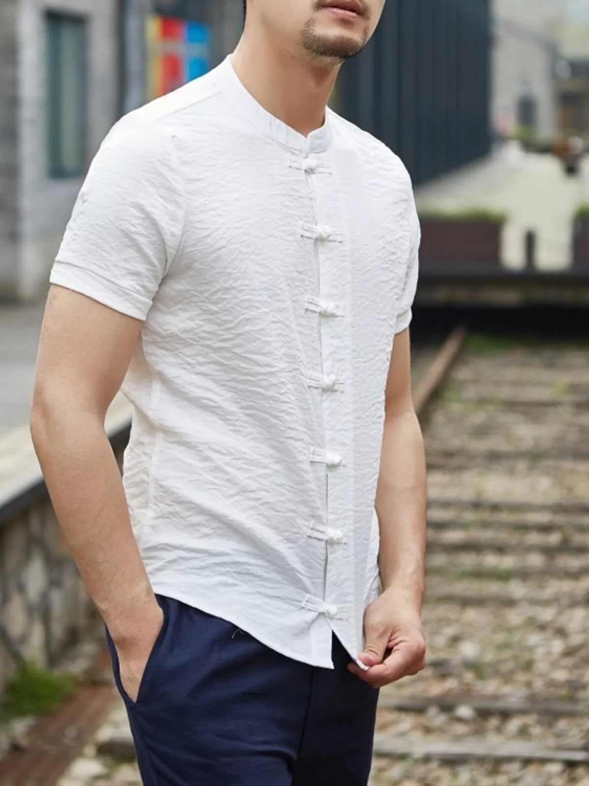 Nobilityze men's Chinese style short sleeve shirt in full size, featuring traditional design and lightweight fabric.