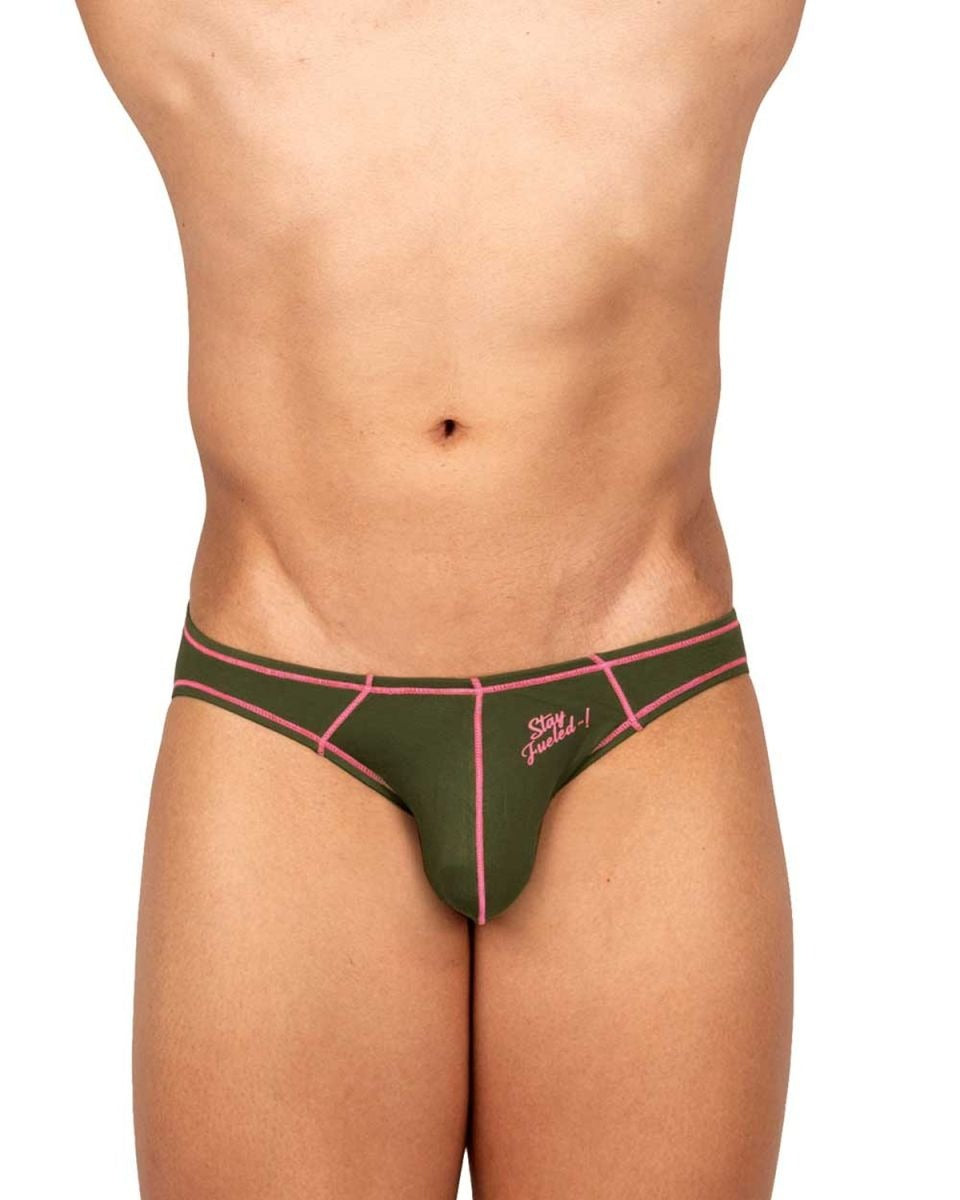 Olive green Private Structure Prime Eutopia bikini brief by CITYBOYZ USA, featuring a snug fit and stylish design.