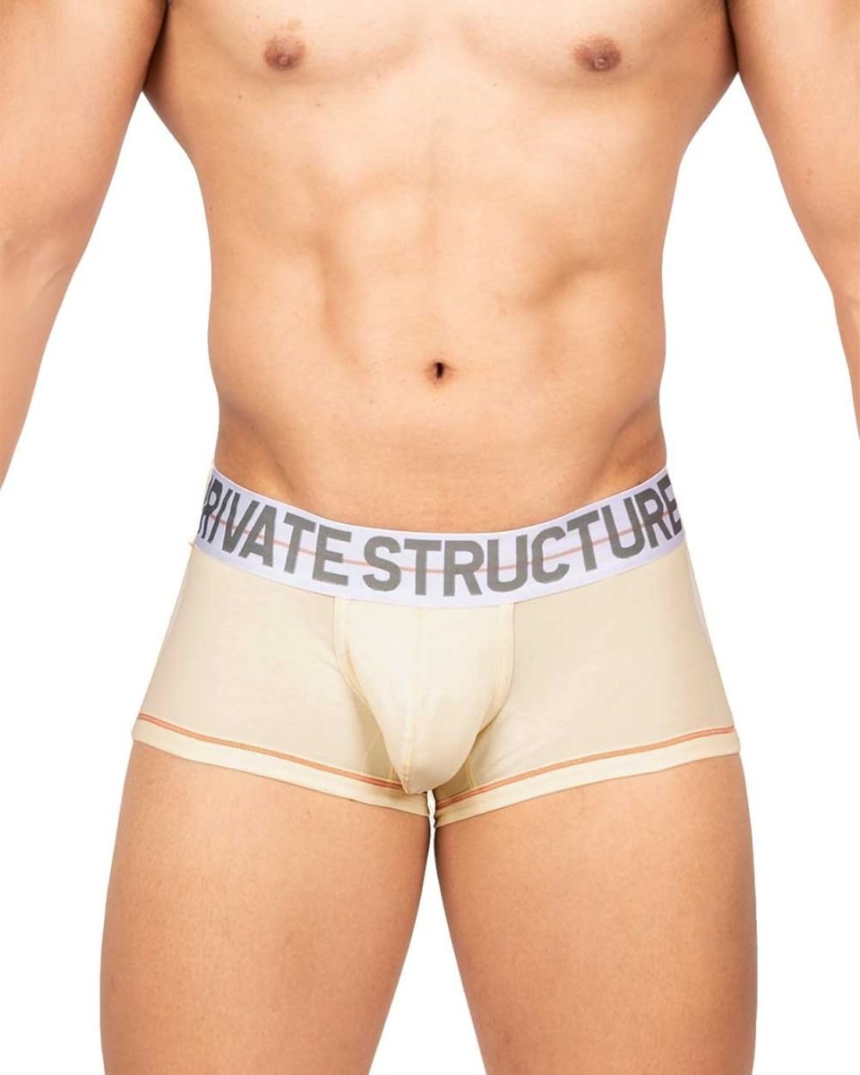 Cream-colored CITYBOYZ★USA Private Structure Mo Lite mid-waist trunk displayed on a model, showcasing its fit and fabric details.