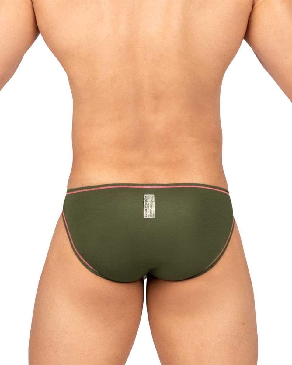 Olive green Private Structure Prime Eutopia bikini brief by CITYBOYZ★USA with sleek, fitted design and minimal coverage.