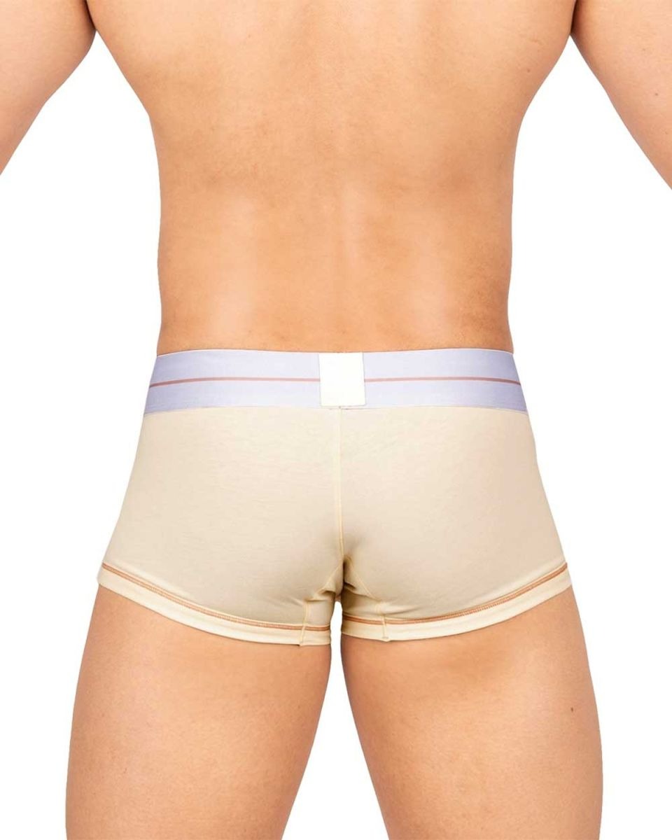 Cream-colored CITYBOYZ★USA Private Structure Mo Lite mid-waist trunk displayed on a model's waist with a snug fit and smooth fabric.