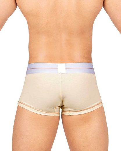 Cream-colored CITYBOYZ★USA Private Structure Mo Lite mid-waist trunk displayed on a model's waist with a snug fit and smooth fabric.