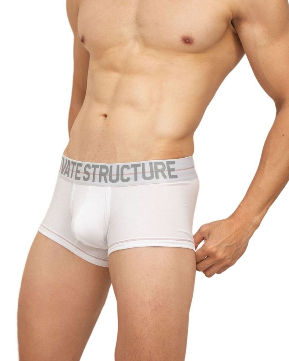 White CITYBOYZ★USA Private Structure Mo Lite mid-waist trunk displayed on a model, showcasing its fit and fabric.