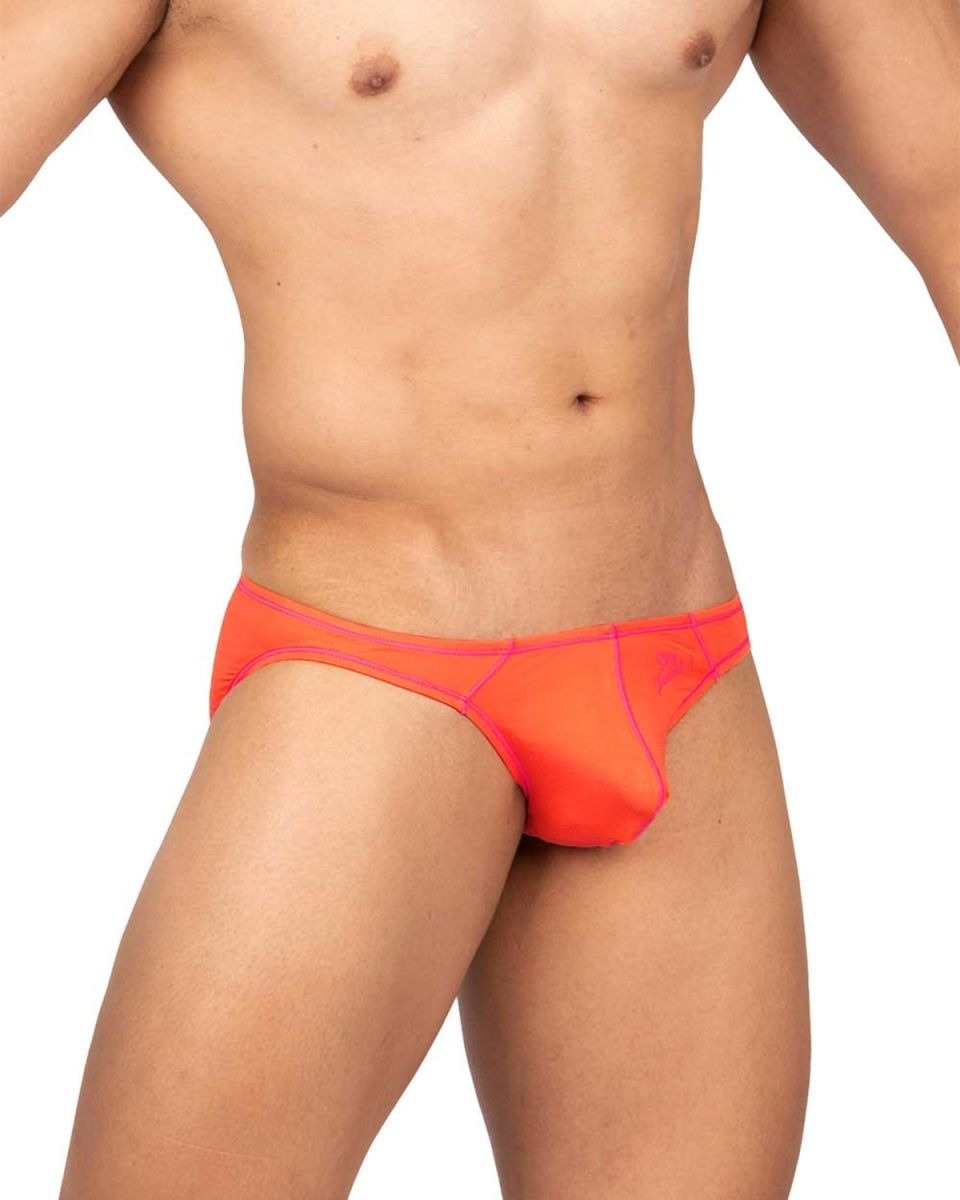 Private Structure Prime Eutopia bikini brief by CITYBOYZ USA in tangarine color, featuring a sleek, fitted design with minimal coverage.