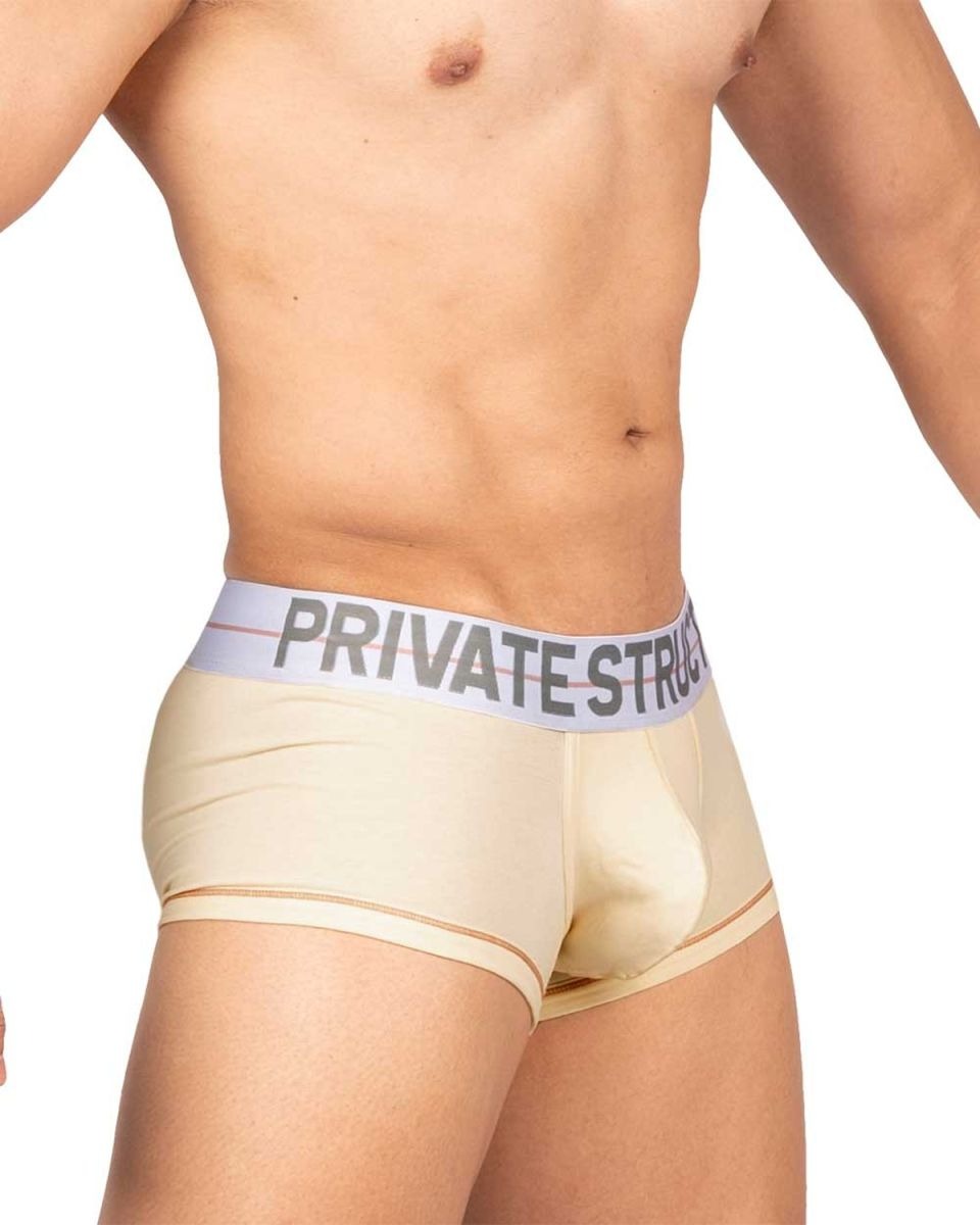 Cream-colored CITYBOYZ USA Private Structure Mo Lite mid-waist trunk displayed on a model, showing its fit and fabric texture.