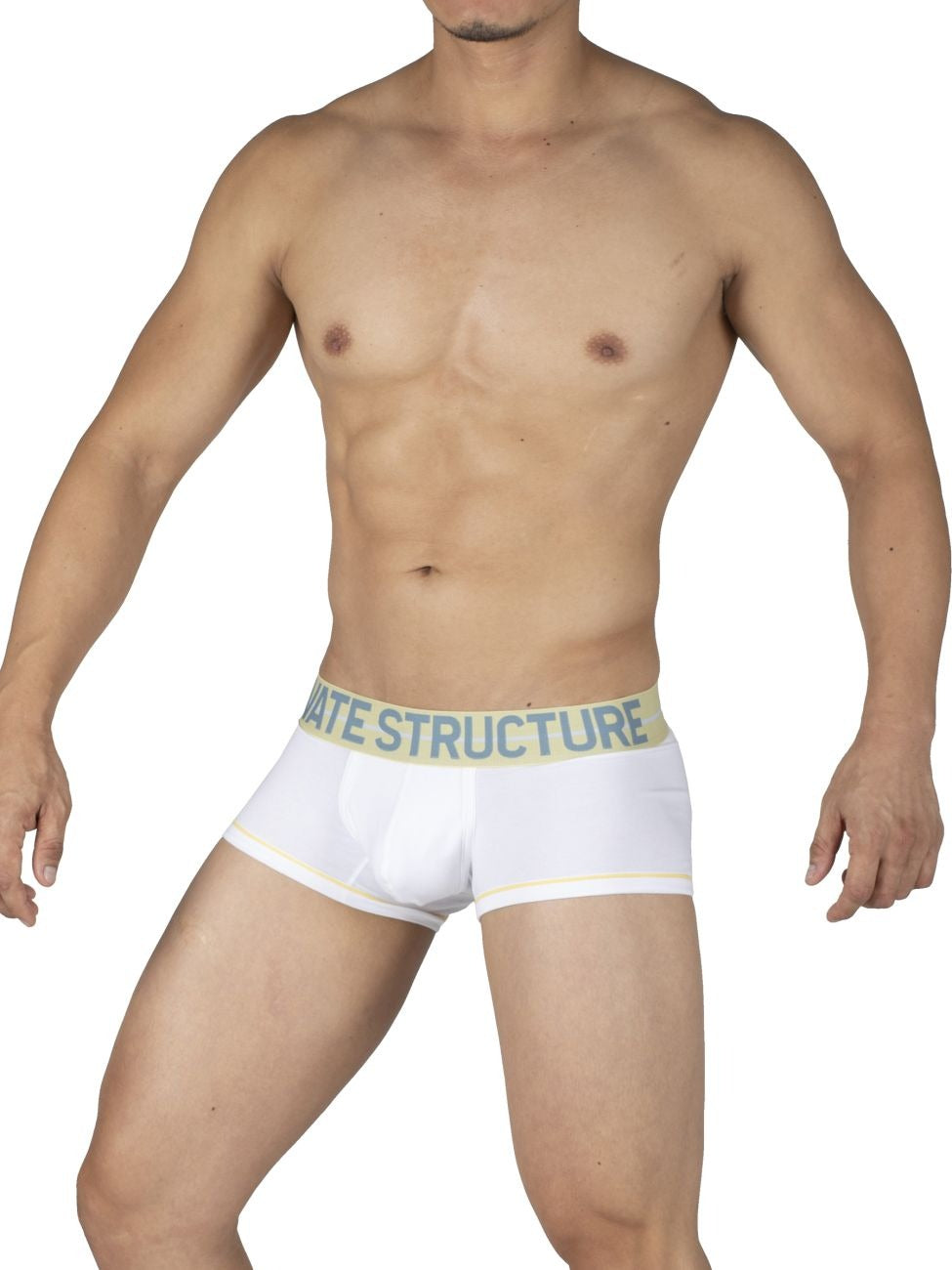 White CITYBOYZ★USA Private Structure Mo Lite mid waist trunk laid flat, showing the comfortable fabric and sleek design.