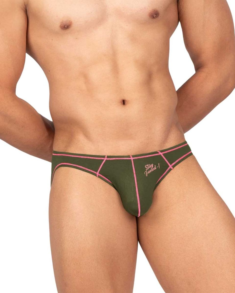 Olive green CITYBOYZ★USA Private Structure Prime Eutopia bikini brief with sleek, stretchy fabric and minimal coverage on a model.