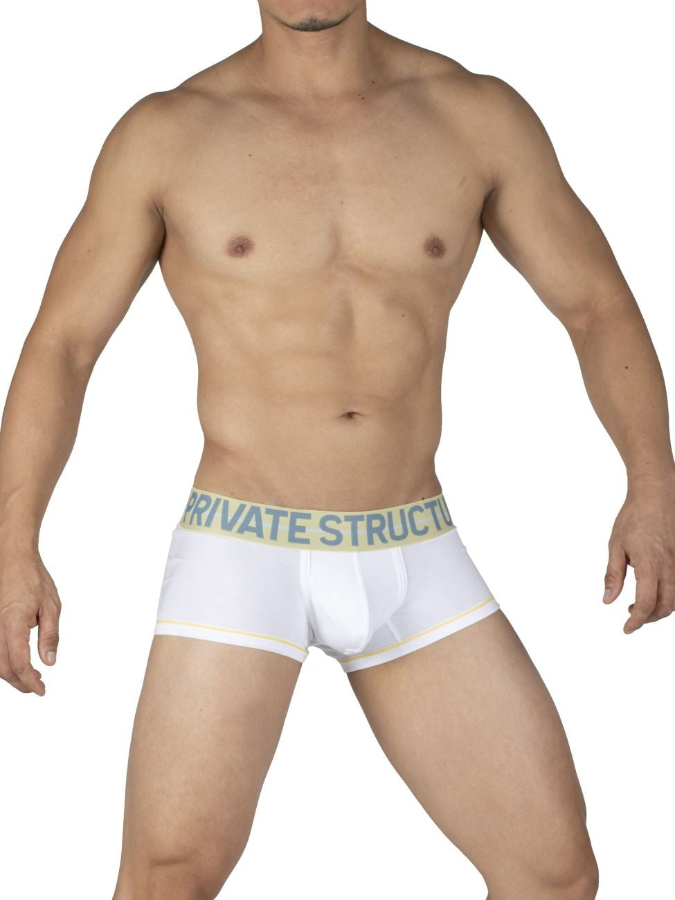 White CITYBOYZ★USA Private Structure Mo Lite mid-waist trunk with sleek design and comfortable fit, shown on a model.