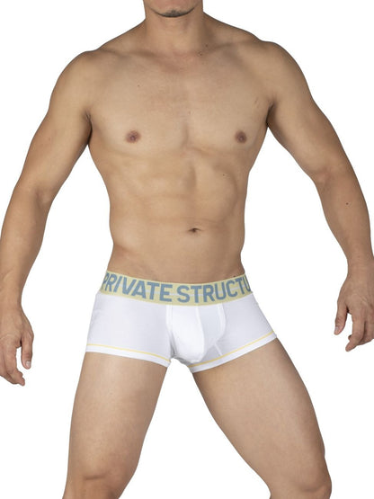 White CITYBOYZ★USA Private Structure Mo Lite mid-waist trunk with sleek design and comfortable fit, shown on a model.