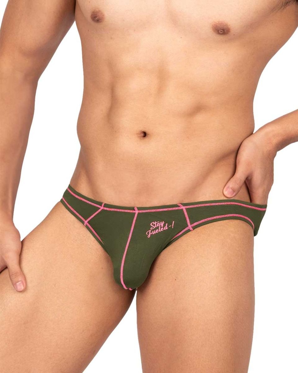 Olive green Private Structure Prime Eutopia bikini brief by CITYBOYZ★USA with sleek, fitted design and minimal coverage.