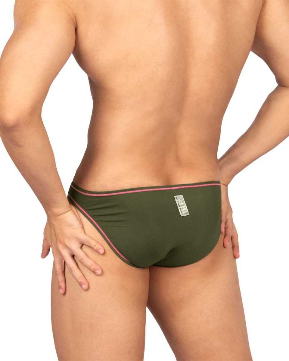Olive green Private Structure Prime Eutopia bikini brief by CITYBOYZ★USA, showcasing its sleek, comfortable fit and stylish design.